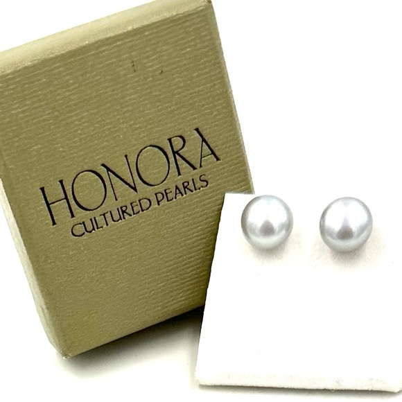 HONORA Silver Gray Pearl Studs Earrings Sterling Silver 9mm NWOT - Picture 4 of 13
